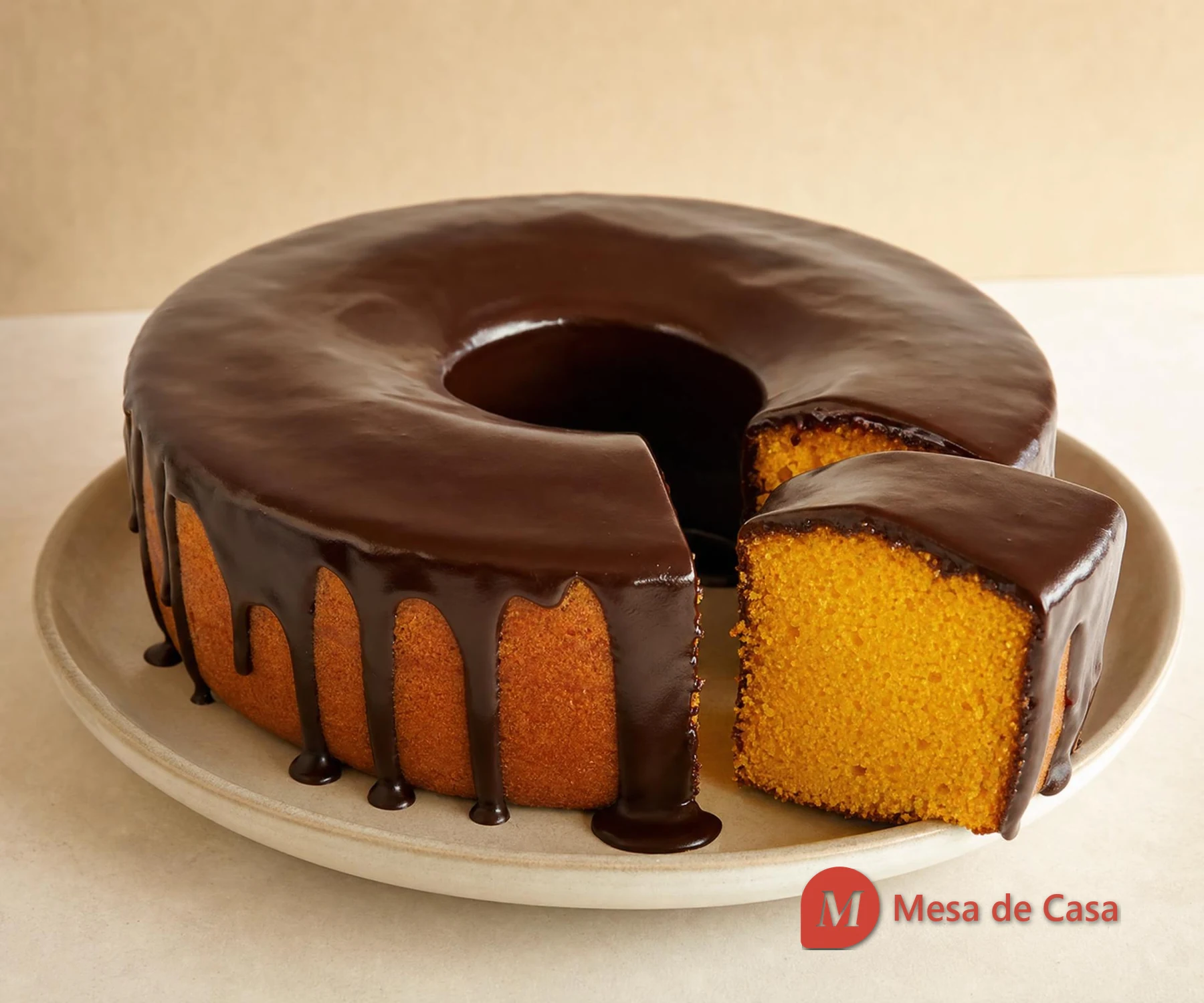 Bolo de cenoura alaranjado com cobertura de chocolate e uma fatia cortada