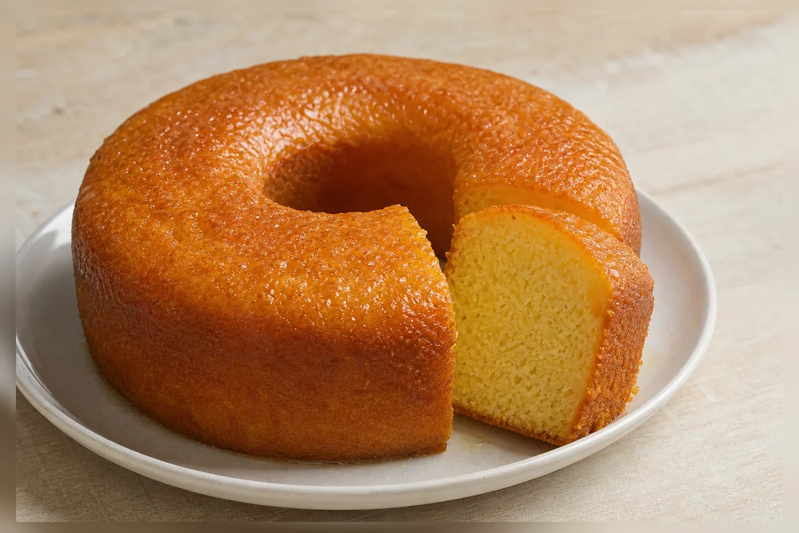 Bolo de laranja dourado com calda fina e uma fatia cortada