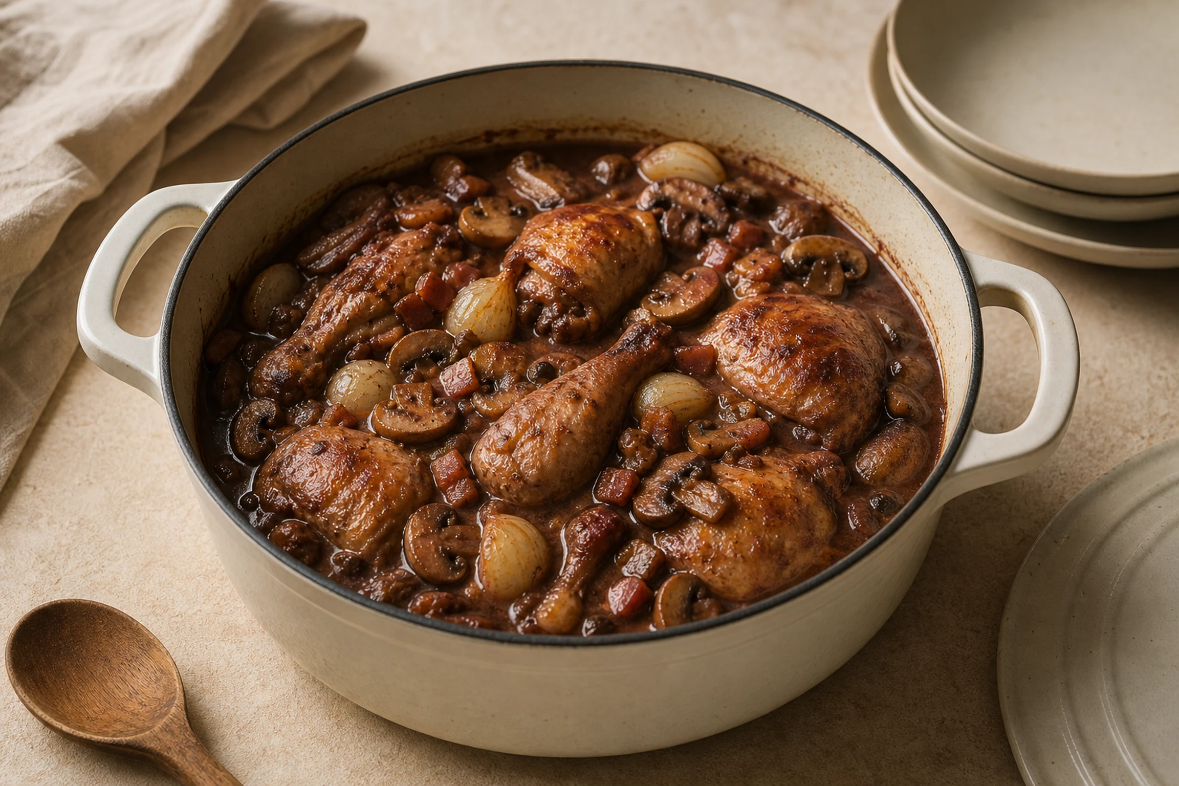 Coq au vin com molho de vinho tinto, cogumelos e bacon