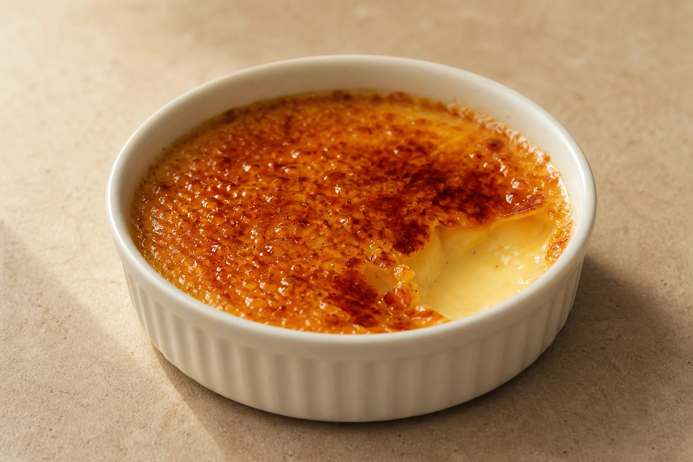 Crème brûlée de baunilha com crosta vitrificada de caramelo