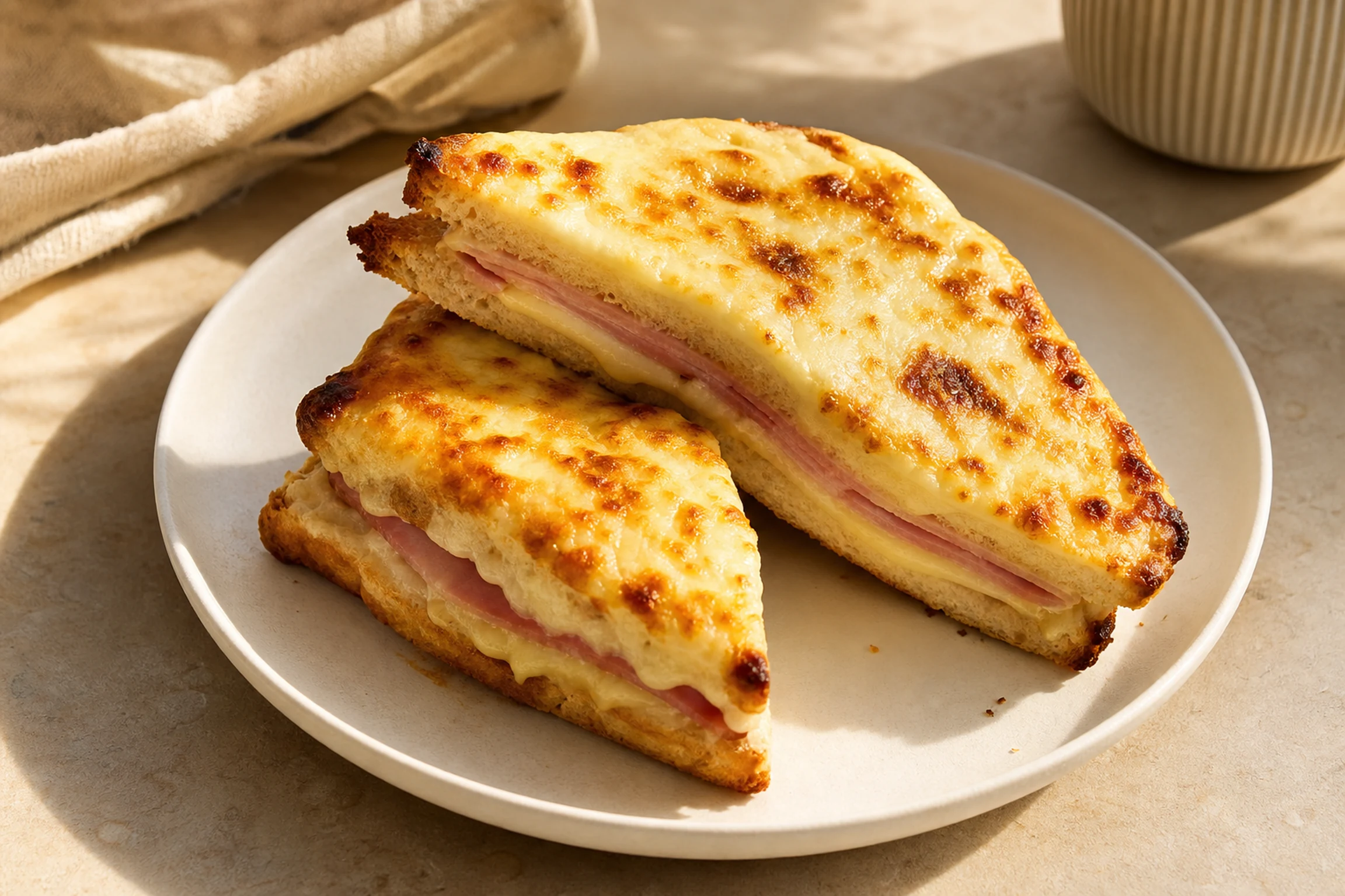Croque-monsieur dourado com Gruyère borbulhante e béchamel