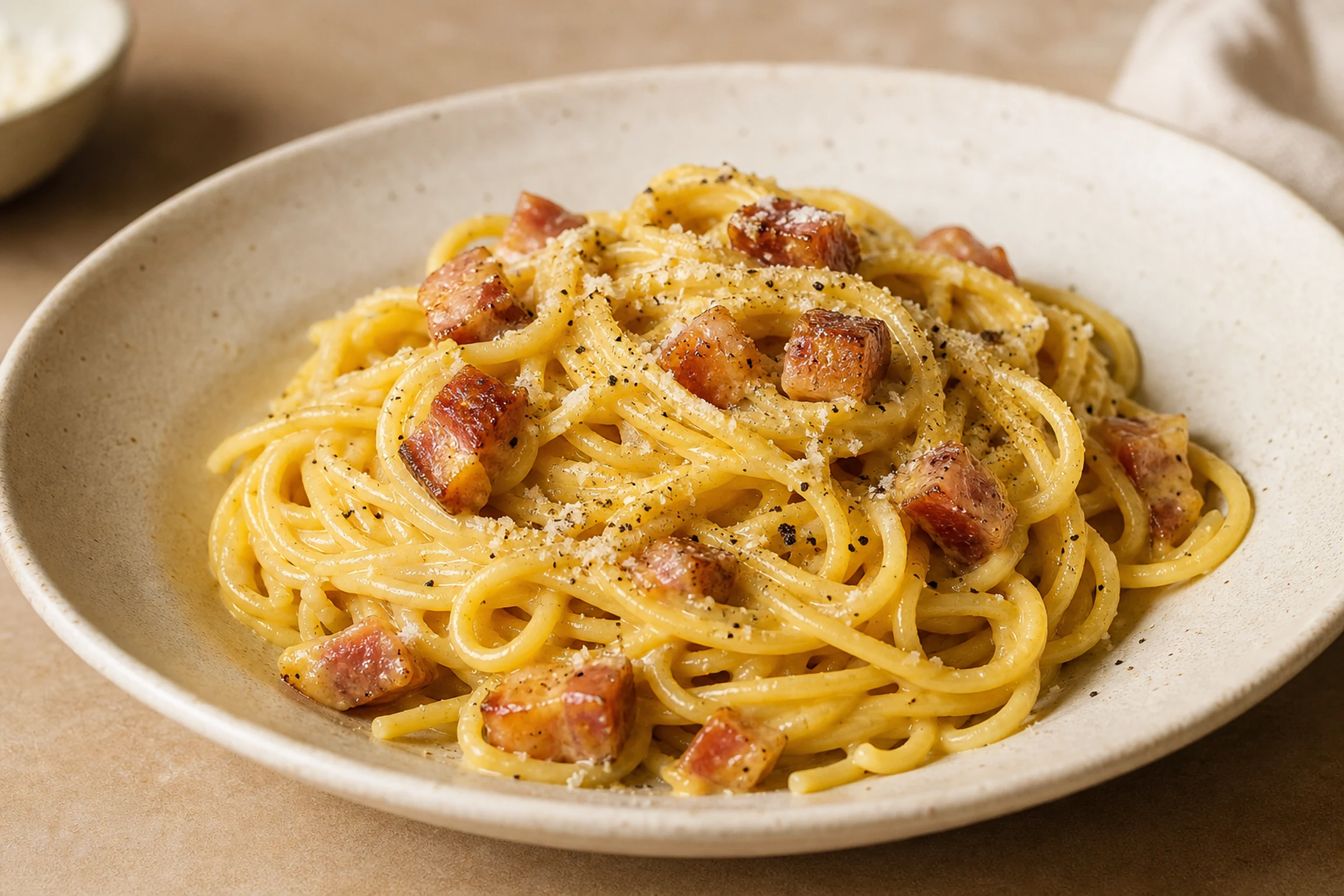Espaguete à carbonara cremoso com guanciale crocante e pimenta-do-reino
