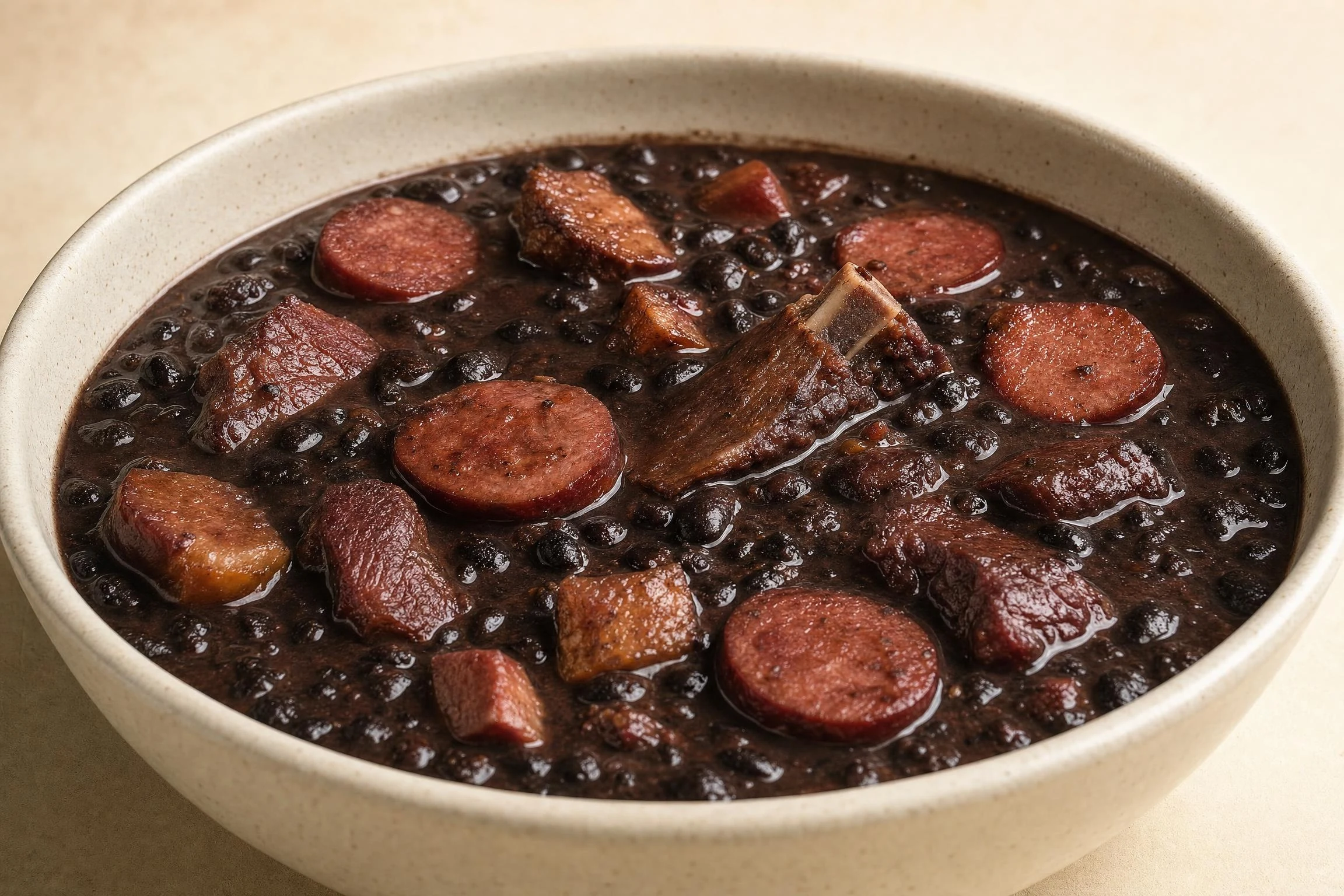 Feijoada de caldo espesso com feijão-preto, carne-seca, costela suína, linguiça calabresa e bacon