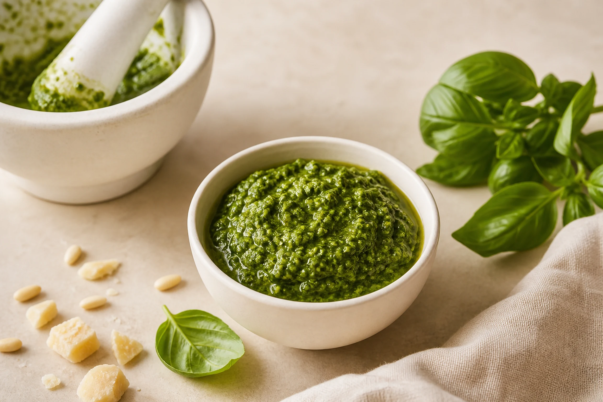 Pesto genovês verde vivo em pilão de mármore com folhas de manjericão