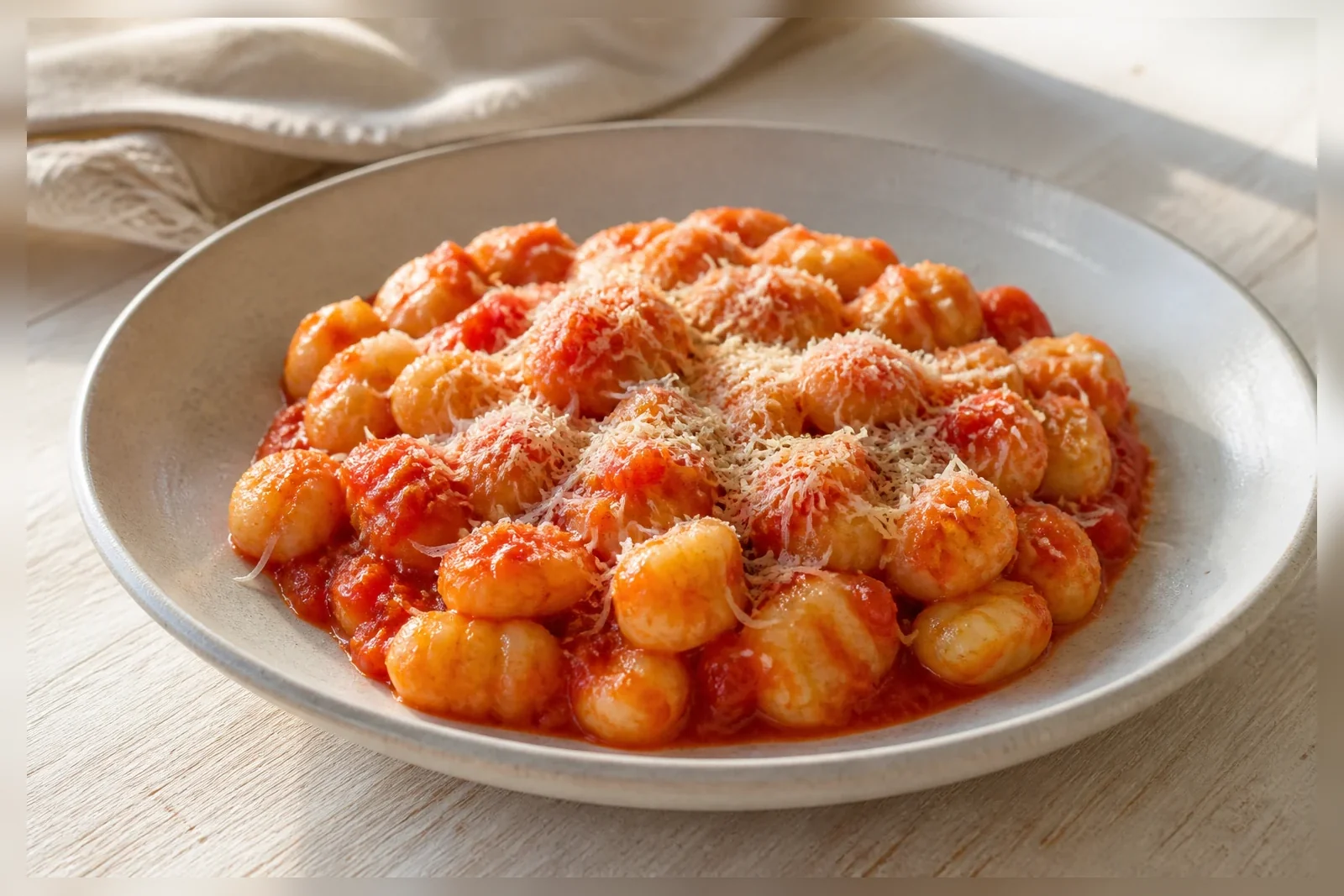 Nhoque de batata com molho de tomate e parmesão em prato claro