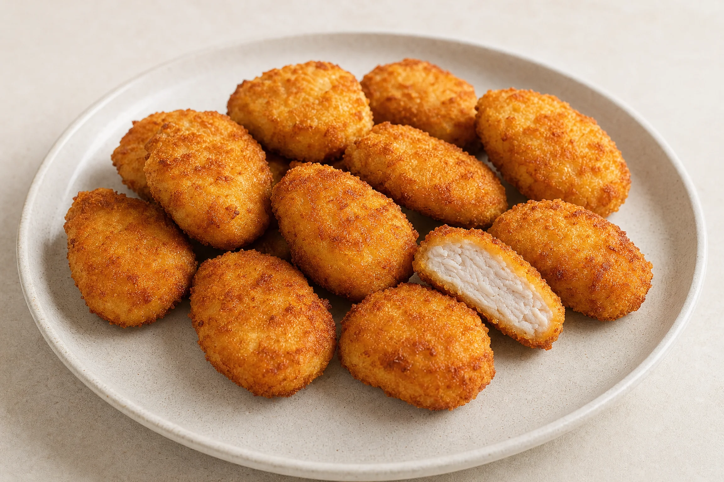 Nuggets de frango dourados em prato de cerâmica claro, com um deles aberto