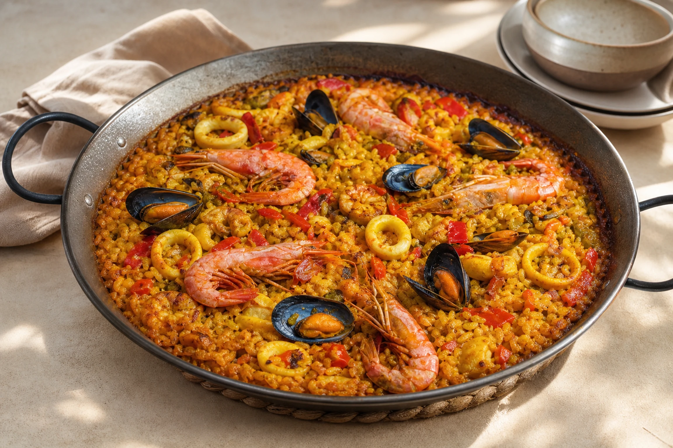 Paella de frutos do mar com camarão, mexilhão, lula e arroz de açafrão