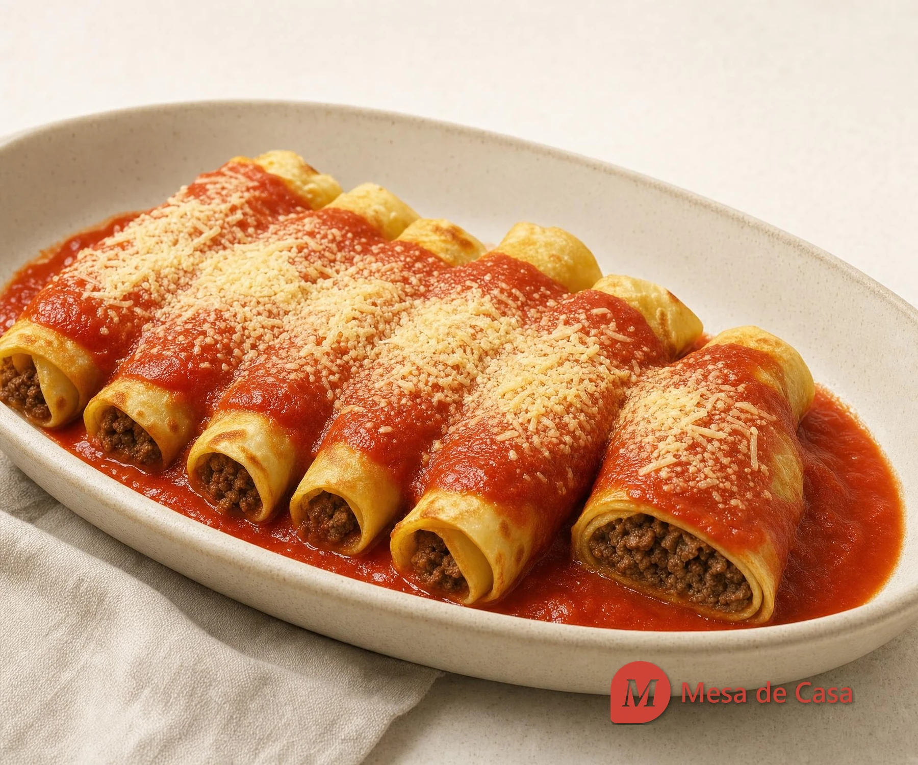 Panquecas enroladas com carne moída, molho de tomate e parmesão