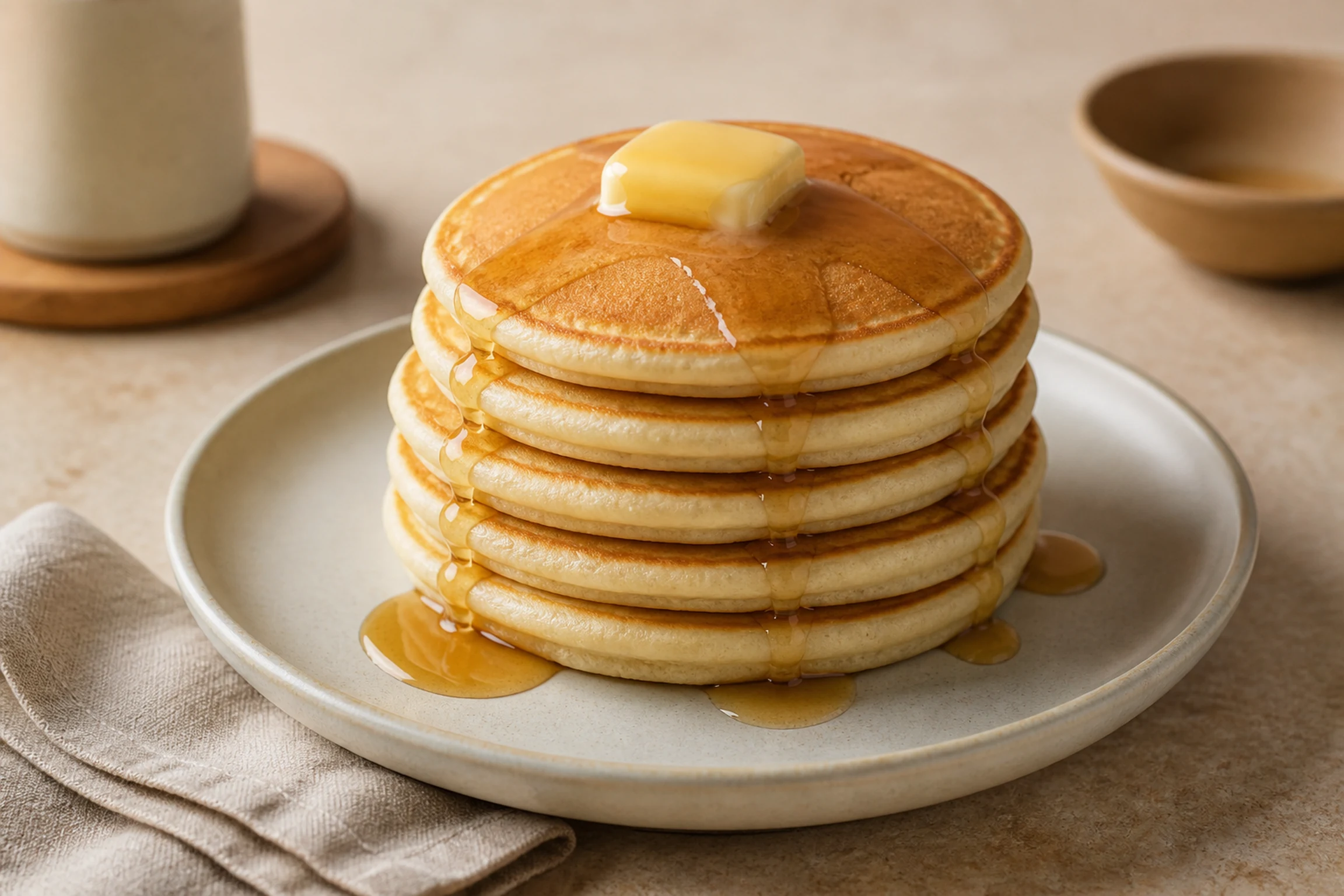Pilha de panquecas americanas altas e douradas com pequena porção de manteiga derretendo