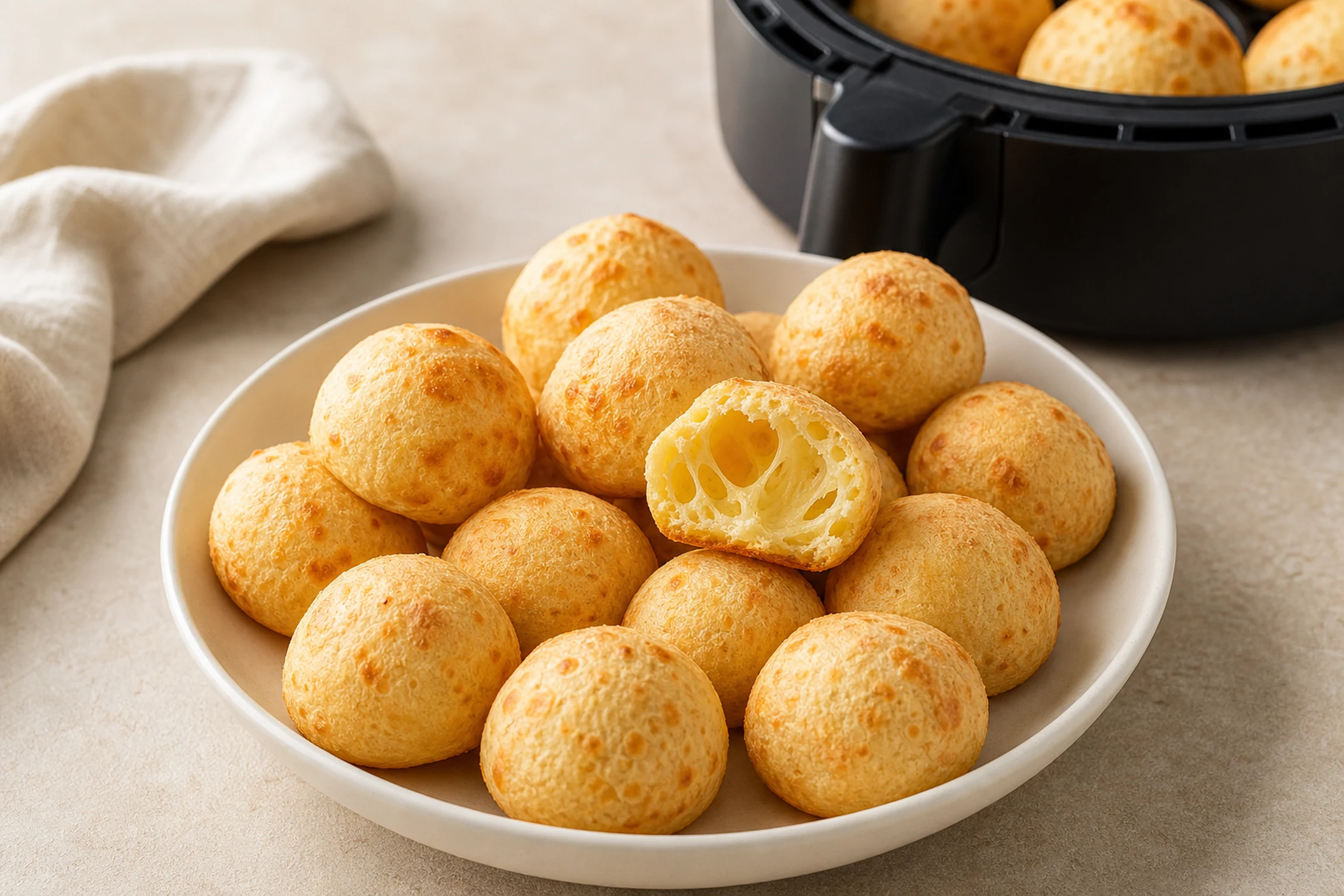 Cesto com pães de queijo pequenos, dourados e com a superfície levemente aberta