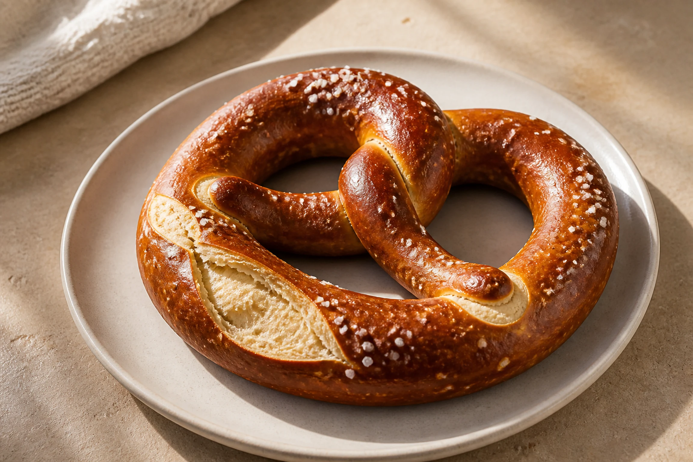 Pretzels alemães recém-assados, marrons e brilhantes, com grãos de sal