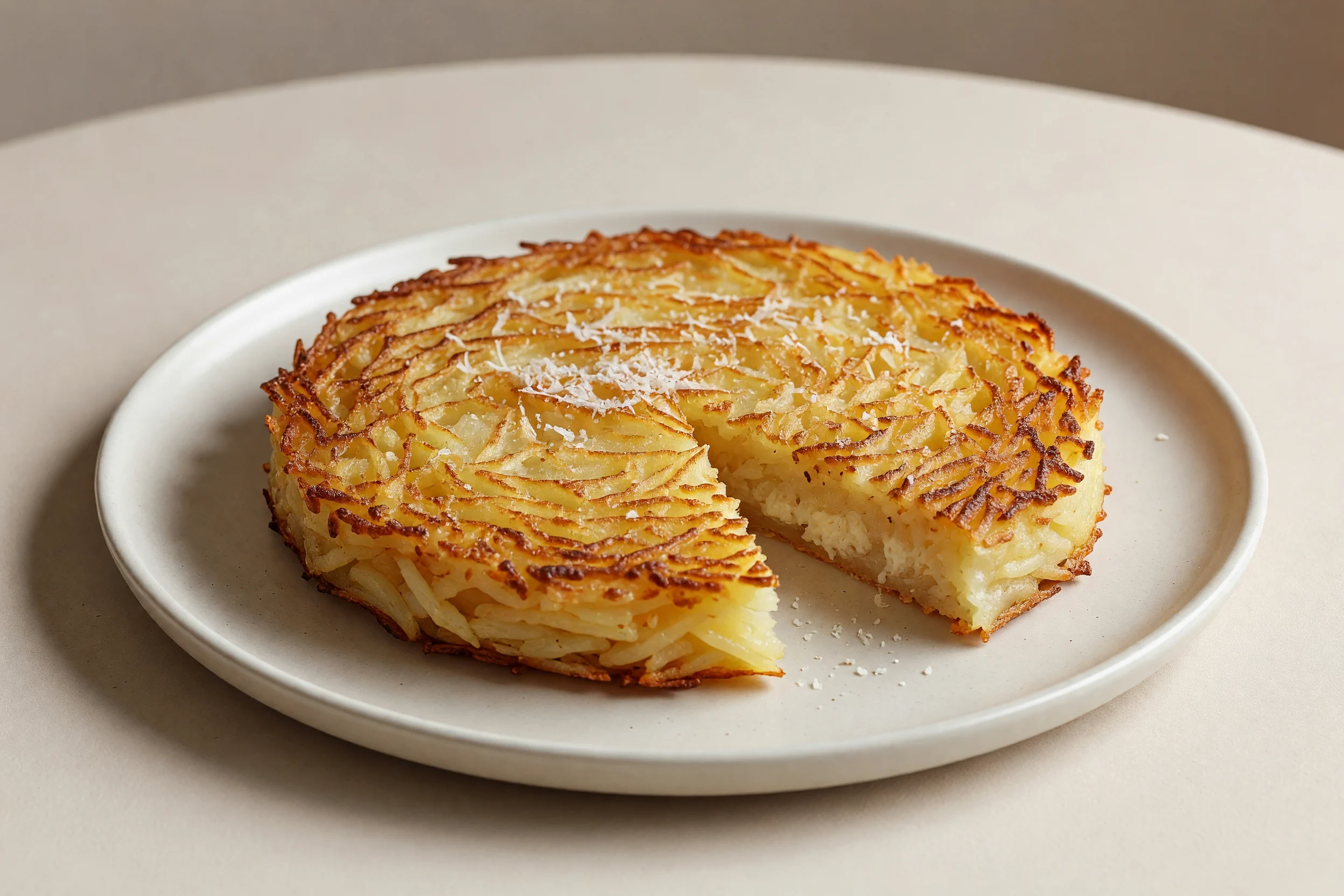 Rösti redonda de batata assada com uma fatia retirada sobre prato claro