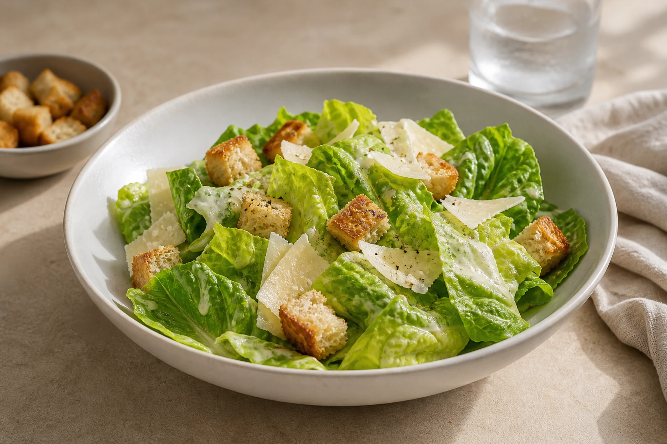 Salada Caesar tradicional com folhas inteiras de alface-romana e croutons