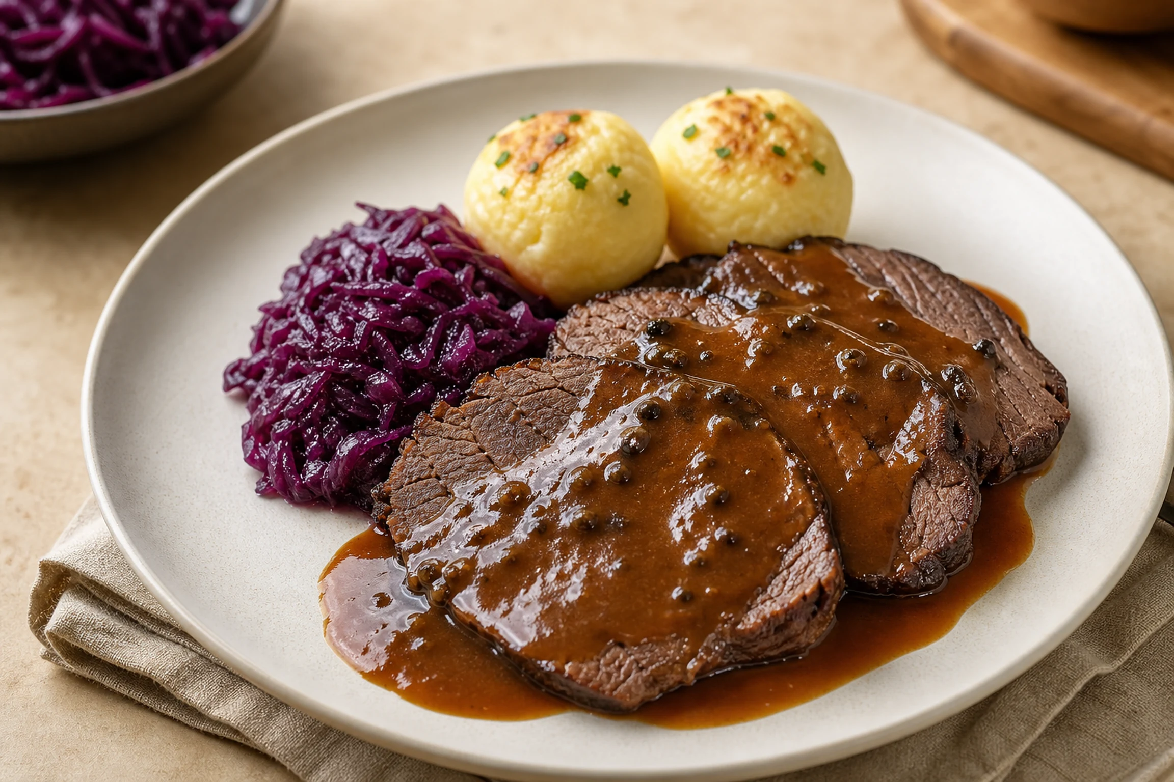 Fatias de Sauerbraten alemão cobertas por molho escuro