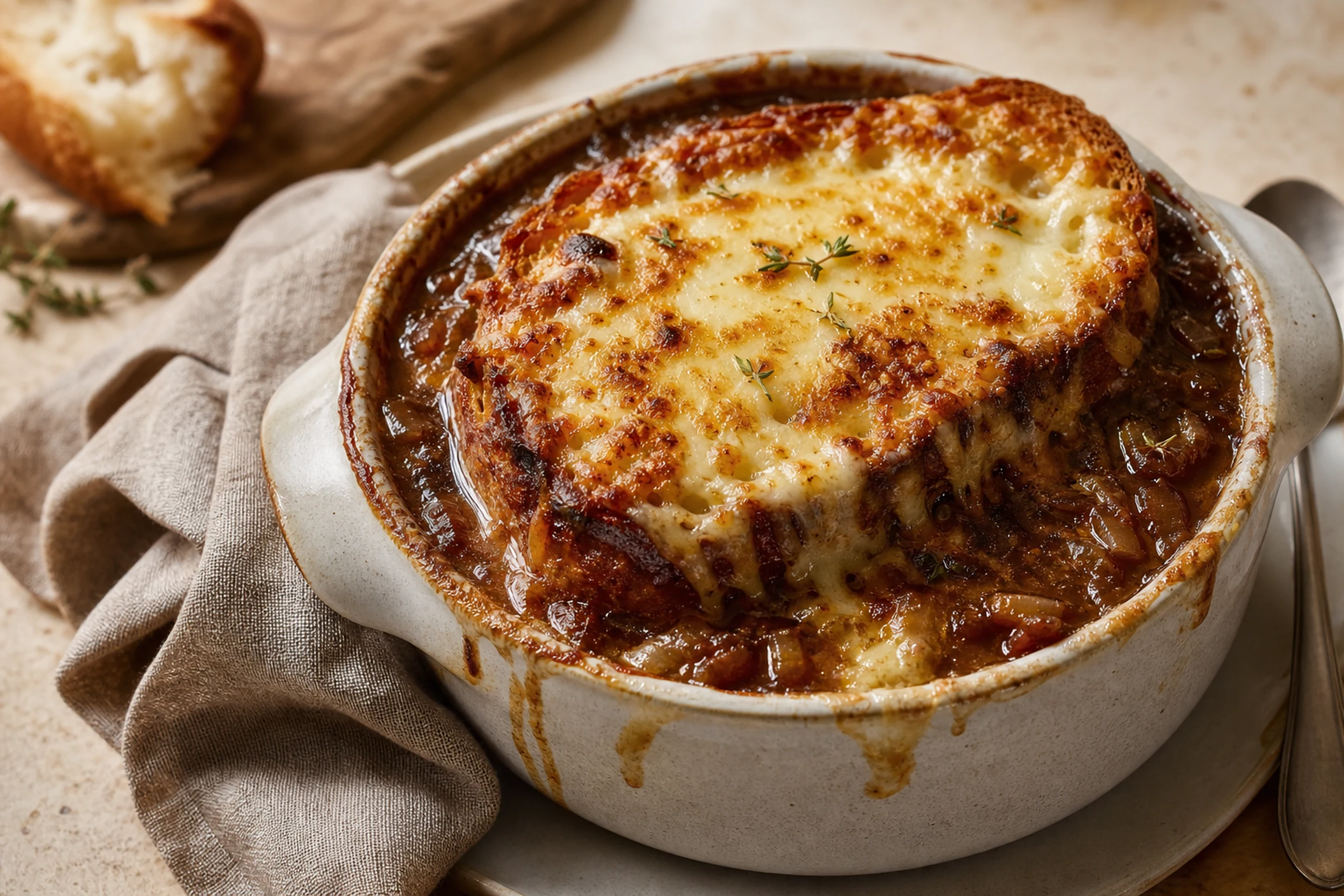 Sopa de cebola francesa sob crosta dourada e borbulhante de Gruyère