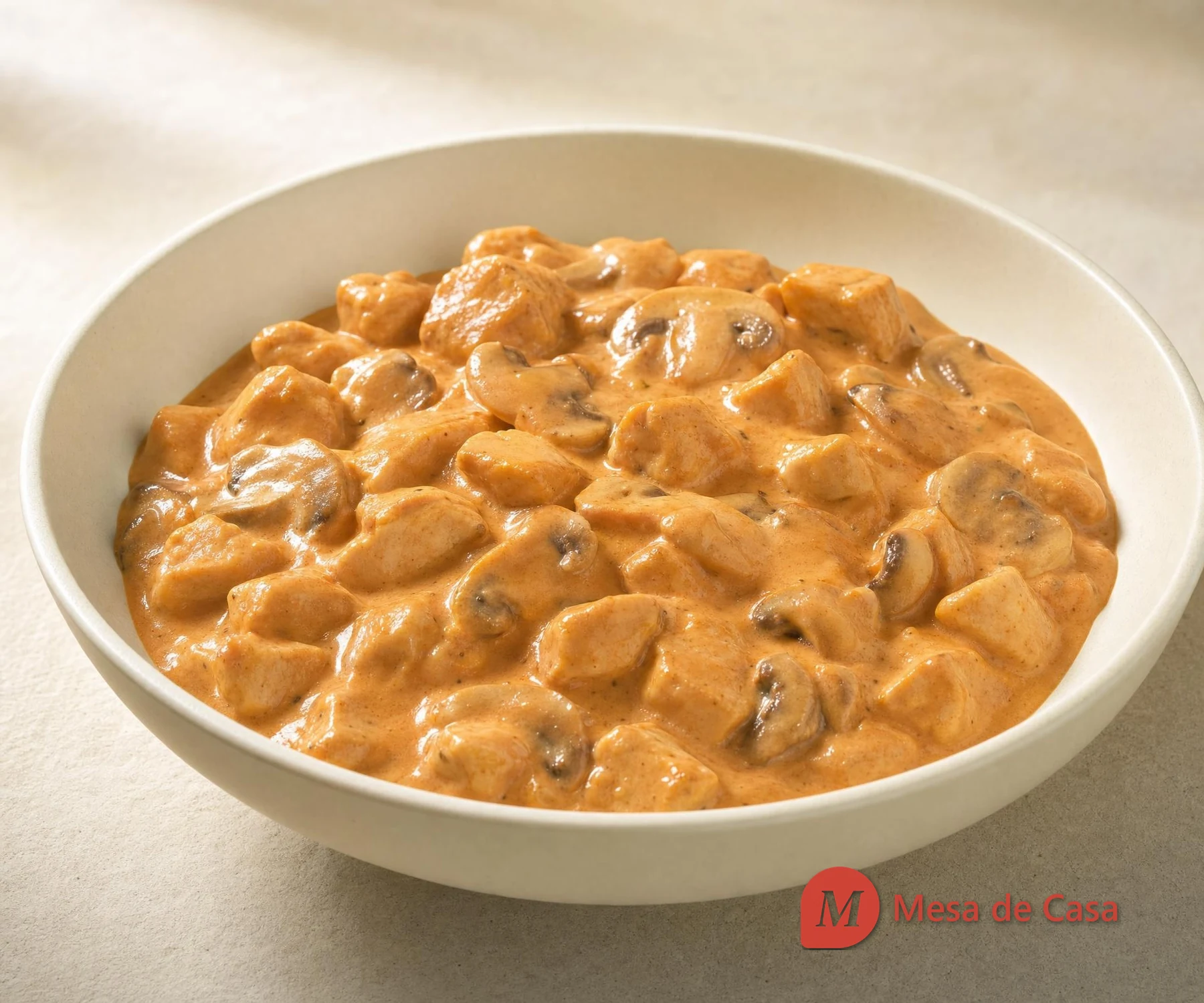 Strogonoff cremoso com cubos de frango e cogumelos fatiados