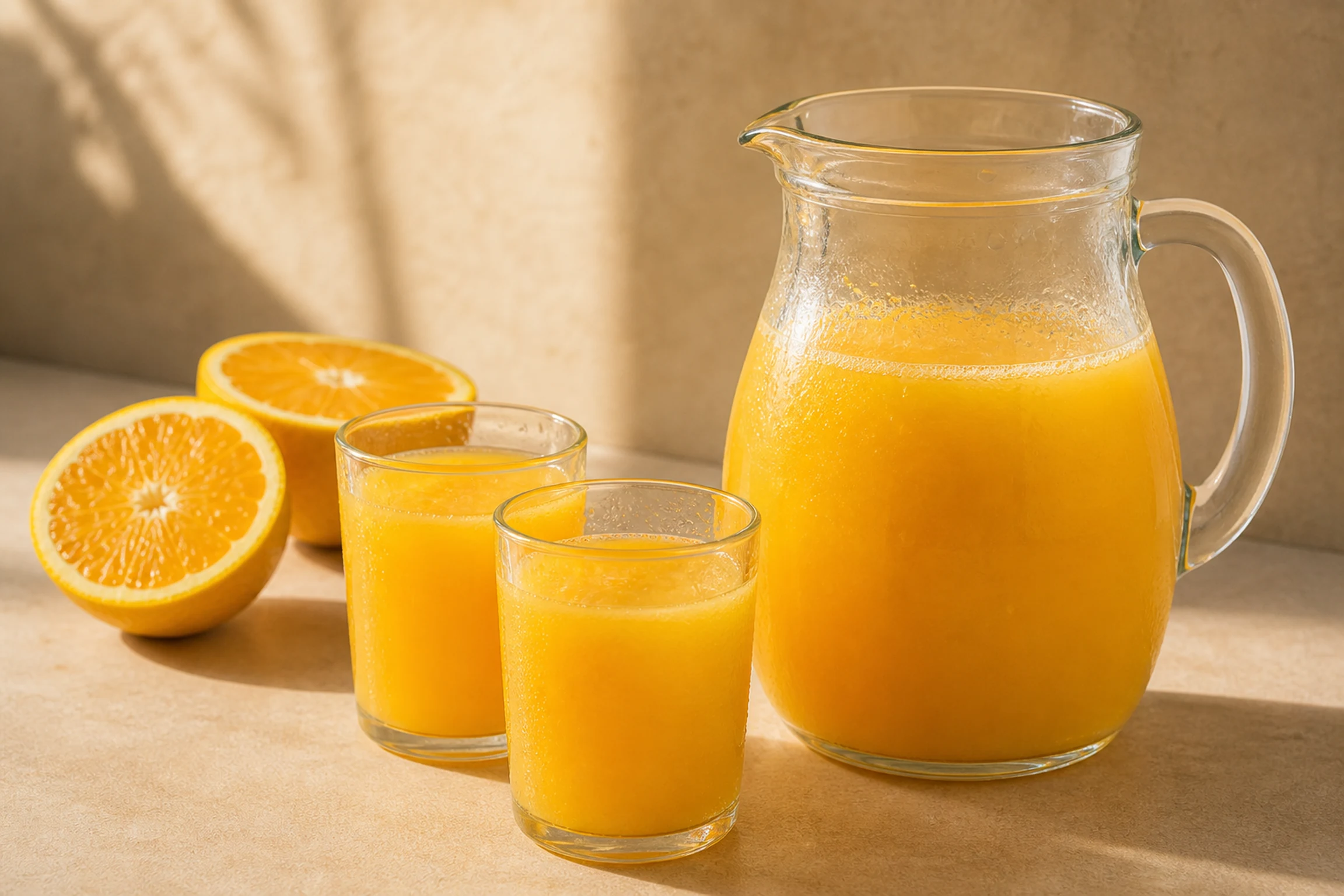 Jarra e dois copos com suco de laranja natural ao lado de laranjas cortadas