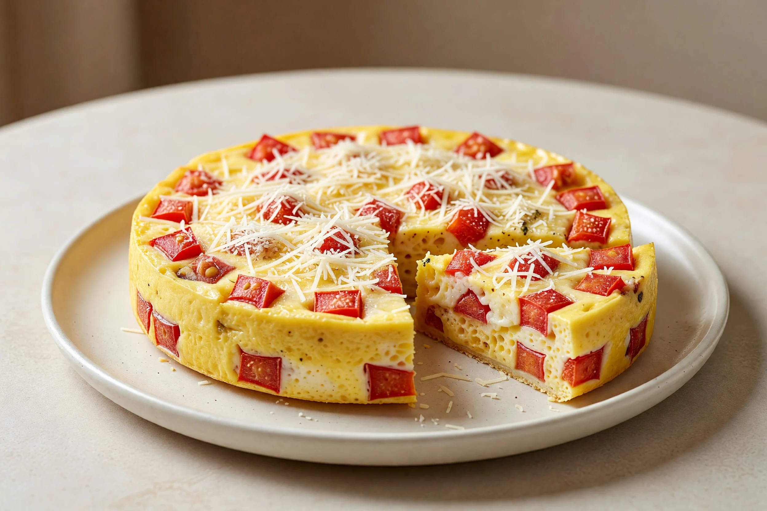 Torta redonda de ovos com cubos de tomate e parmesão, com uma fatia cortada