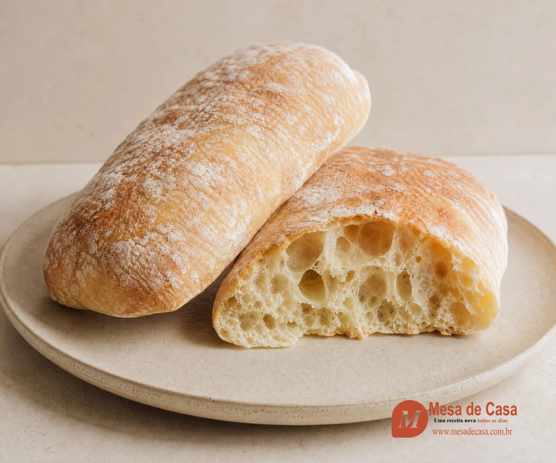 Duas ciabattas italianas rústicas, uma partida mostrando grandes alvéolos no miolo