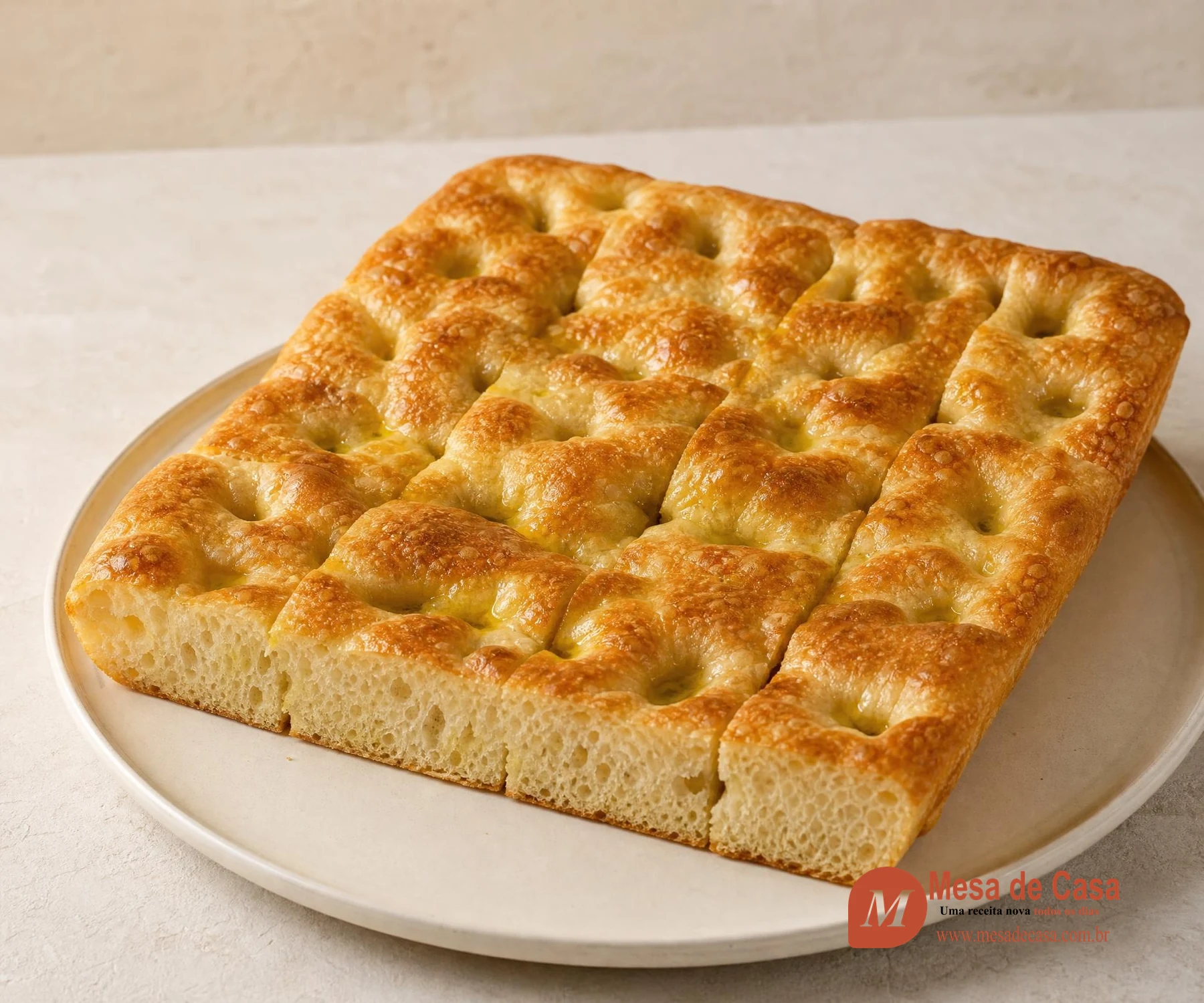 Focaccia clássica retangular, alta e dourada com covinhas profundas e azeite