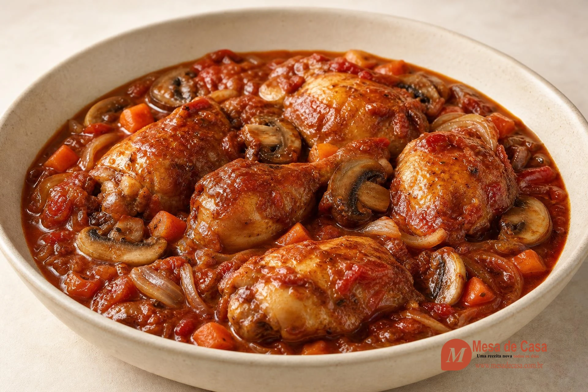 Frango à caçadora com pedaços dourados, tomate, cogumelos, cebola e cenoura