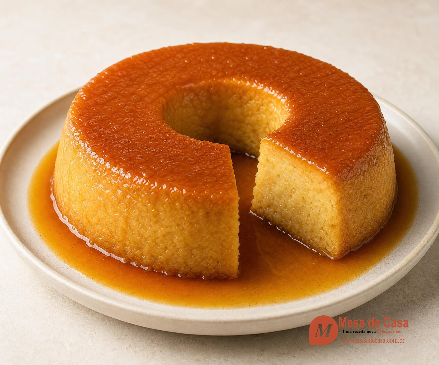 Pudim de pão em formato de anel coberto com calda de caramelo