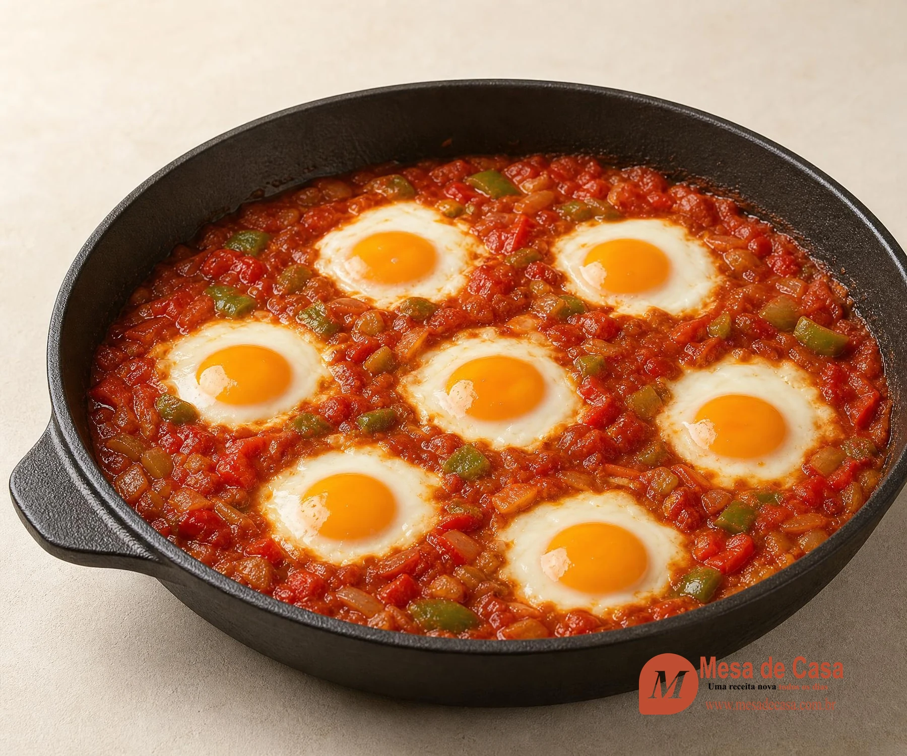 Shakshuka com sete ovos cozidos em molho de tomate e pimentão verde